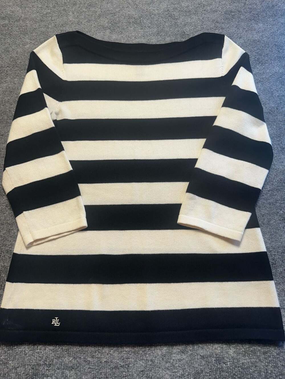 Lauren Ralph Lauren Black and White Striped Boat Neck Sweater Size M Preppy